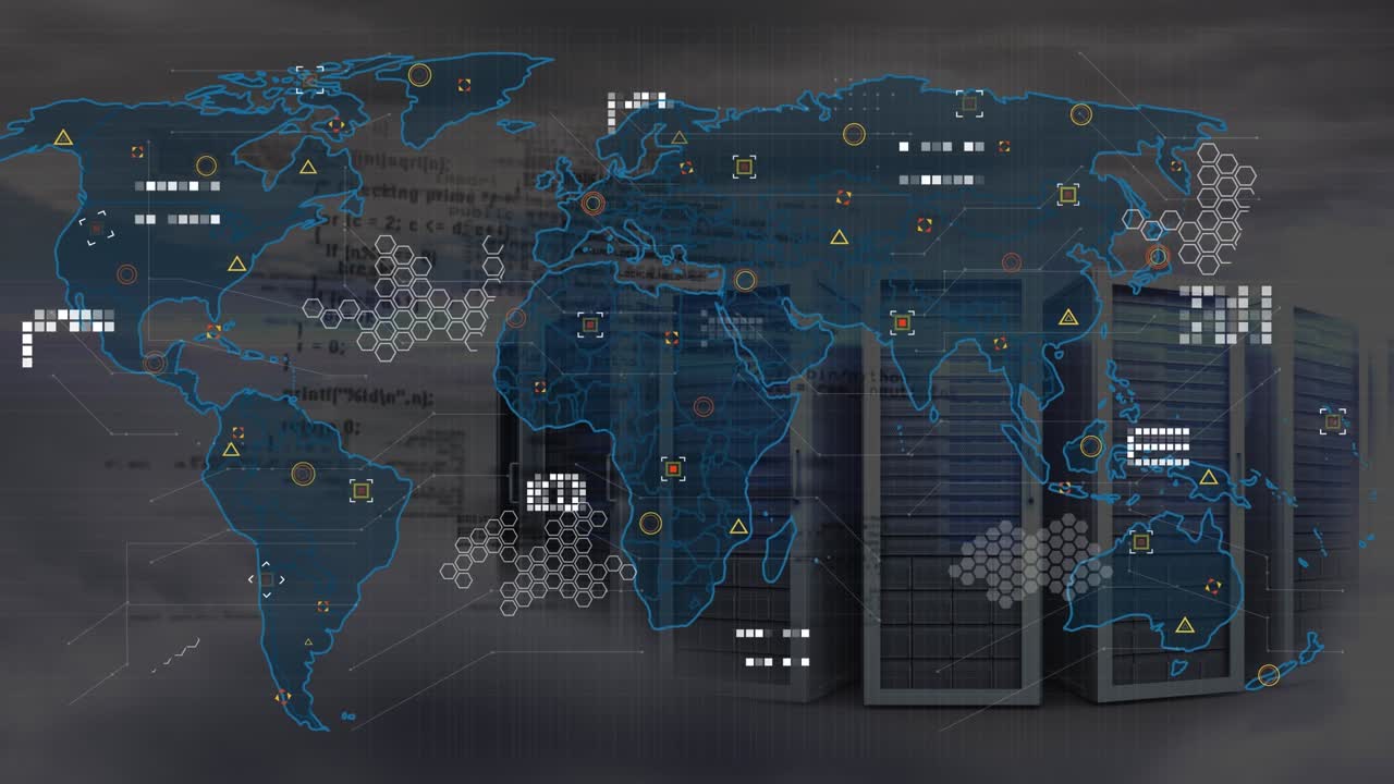 Animation of data processing over world map against computer servers and clouds in the sky