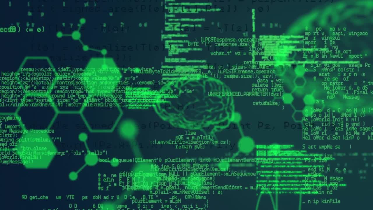 Animation of molecule structures, human brains and computer language over black background