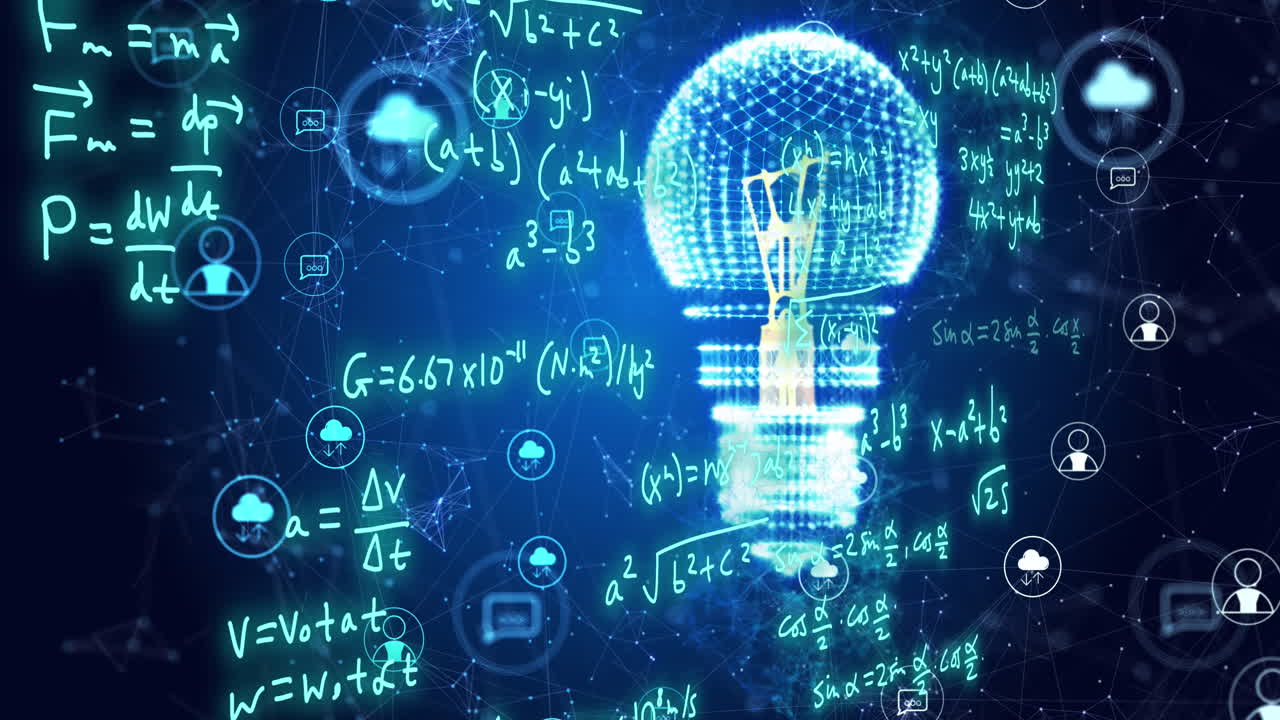 Animation of light bulb, cloud icons and mathematical data processing