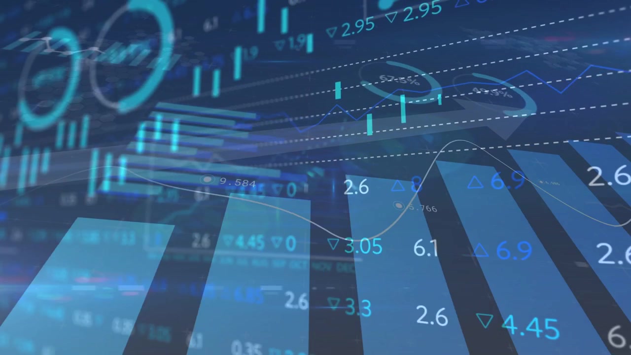 Lagdelte 3D vertikale søjler pulserer, turkise flueben blinker, hvid trendlinje fejer hen over data-dashboard