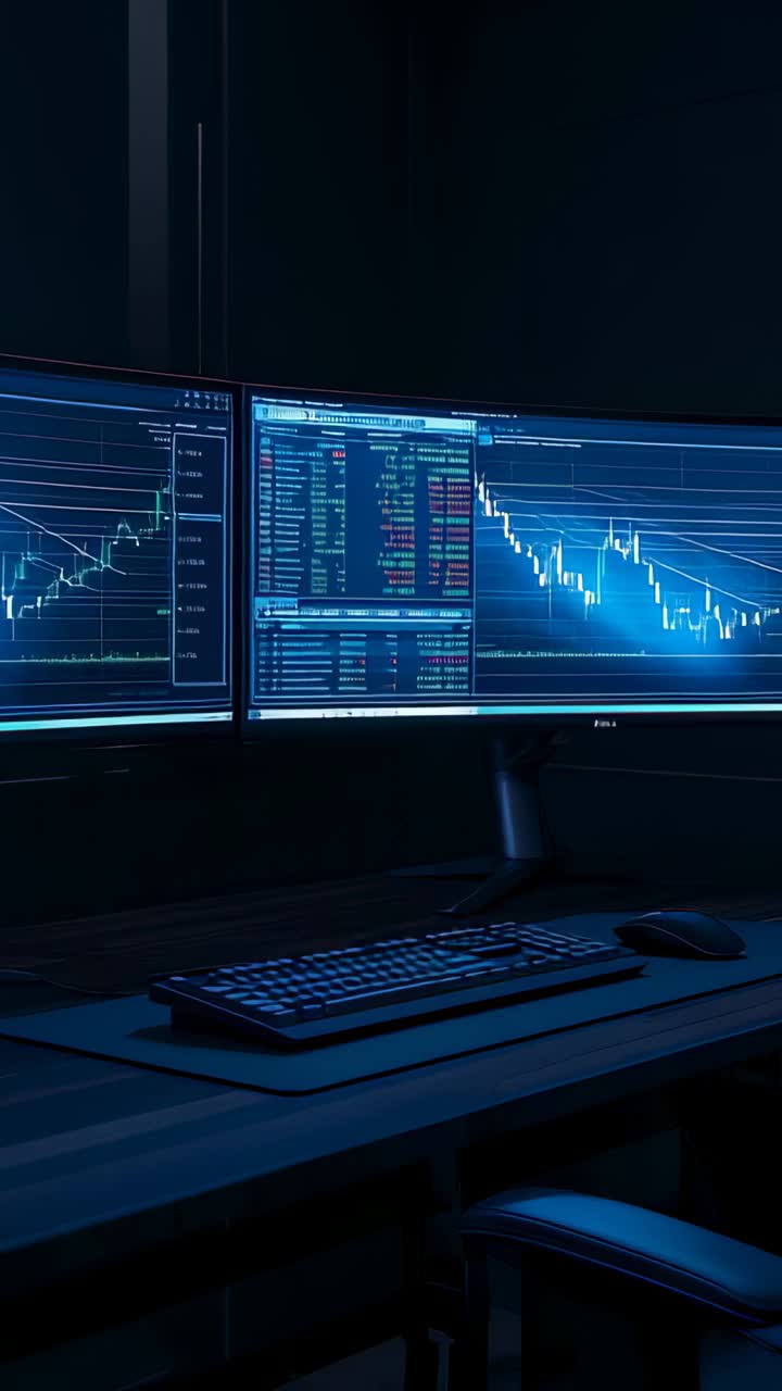 Vertical video: Displaying financial charts on curved monitors over office desk with keyboard mouse