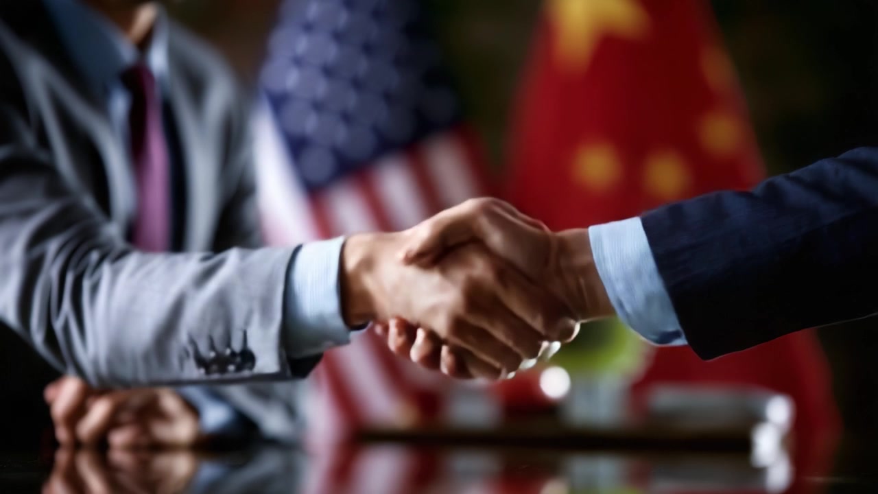 Formal Handshake Between Two Individuals Representing Different Nations, Signifying Cooperation and Diplomacy Amidst National Flags Symbolizing International Relations.