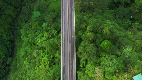 菲律賓南部萊特省索戈德的阿加斯-阿加斯橋 - 無人機低空飛過在茂密綠色山脈上建造的混凝土橋 - 空中無人機垂直拍攝