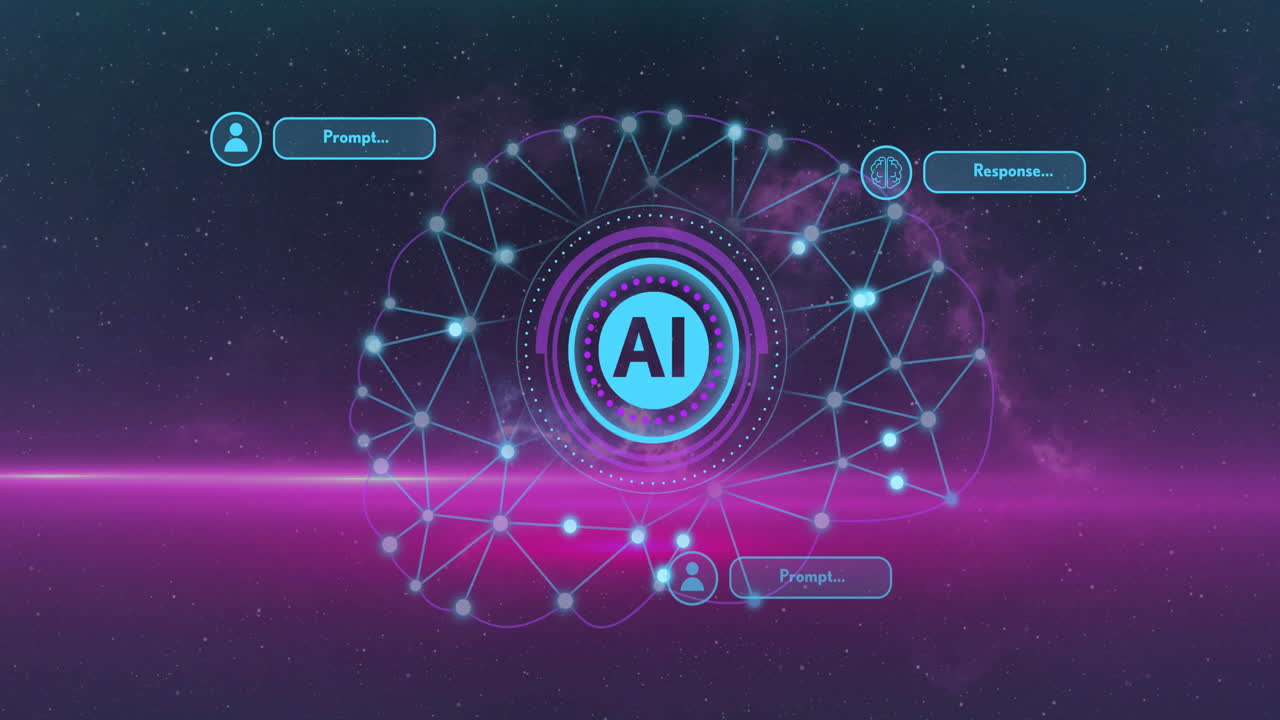 Animation of ai text, brain and digital data processing over dark background