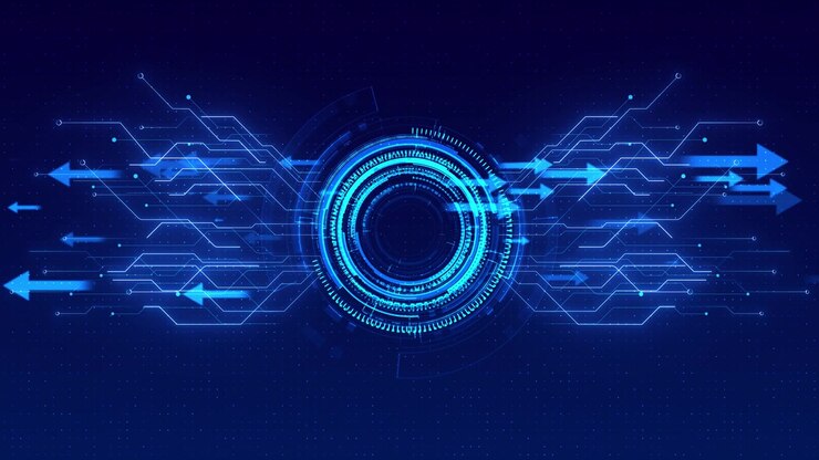 Futuristic dashboard rotating central ring arrows and connected pathways dynamic information