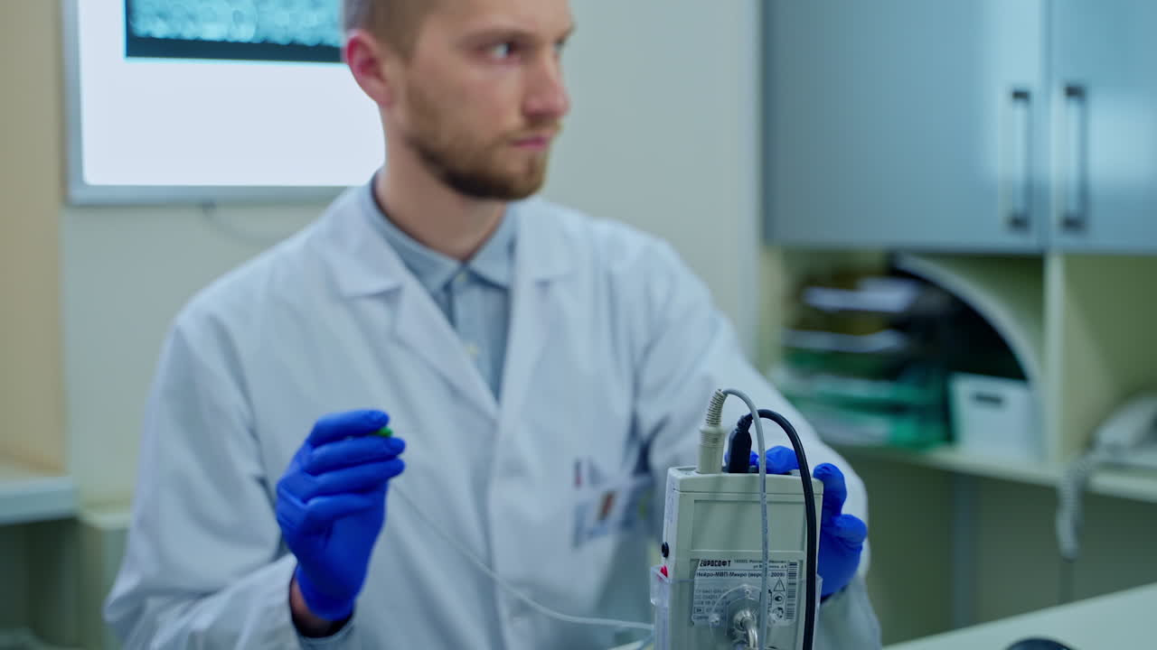 Doctor in Lab Coat at office. Physician in white lab coat working in hospital office