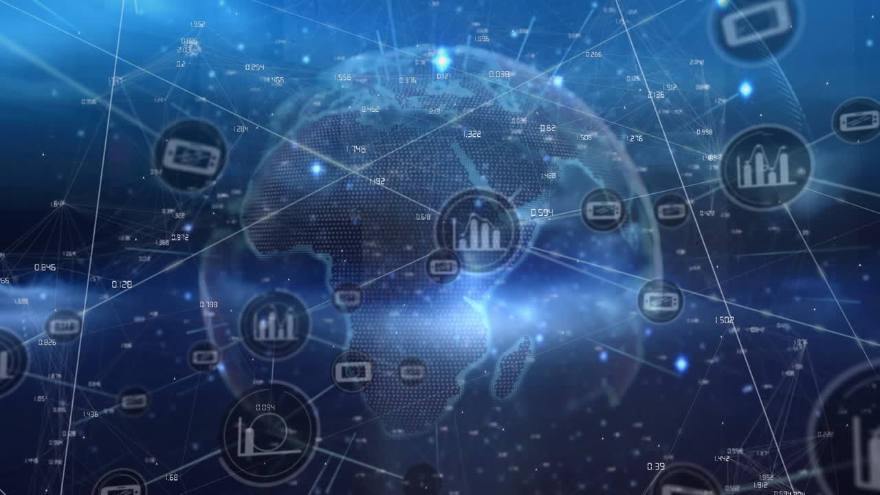 파란색 배경에 회전하는 지구상에서 디지털 아이콘과 빛의 흔적의 네트워크의 애니메이션