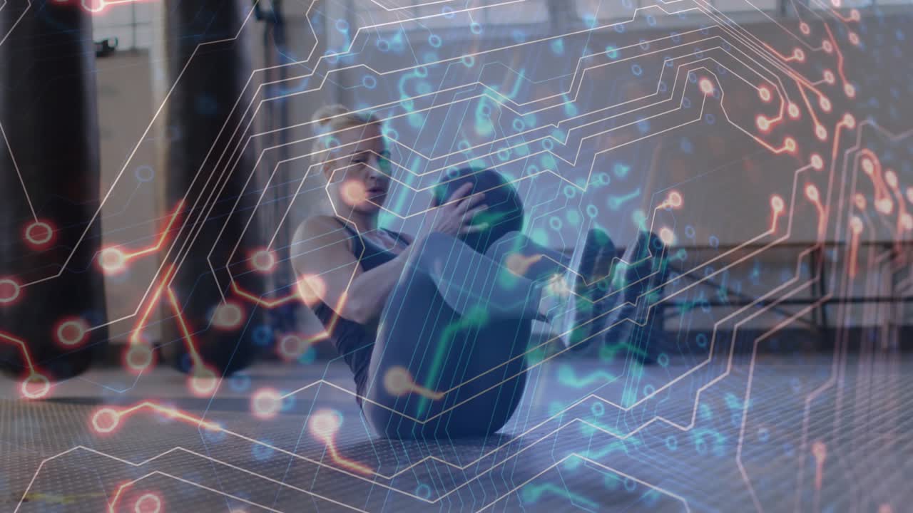 Woman starting knees-bent holding medicine ball twisting torso for fitness circuit overlaying frame