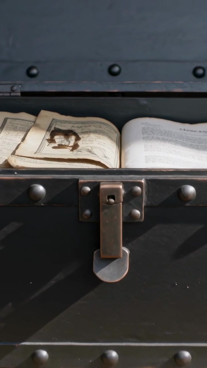 Vertical video: Pulling back camera showing dark riveted trunk on wood table exposing stained books