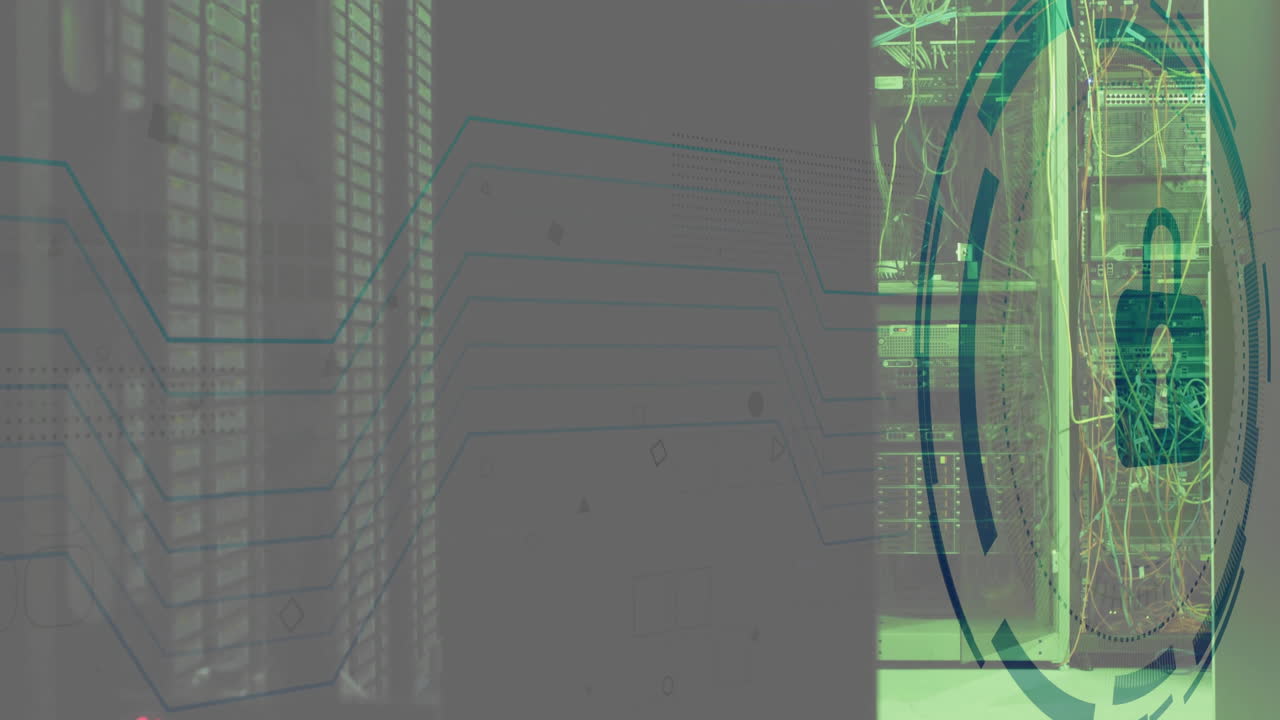Animazione di una scansione di un'area con icona a lucchetto su una sala server.