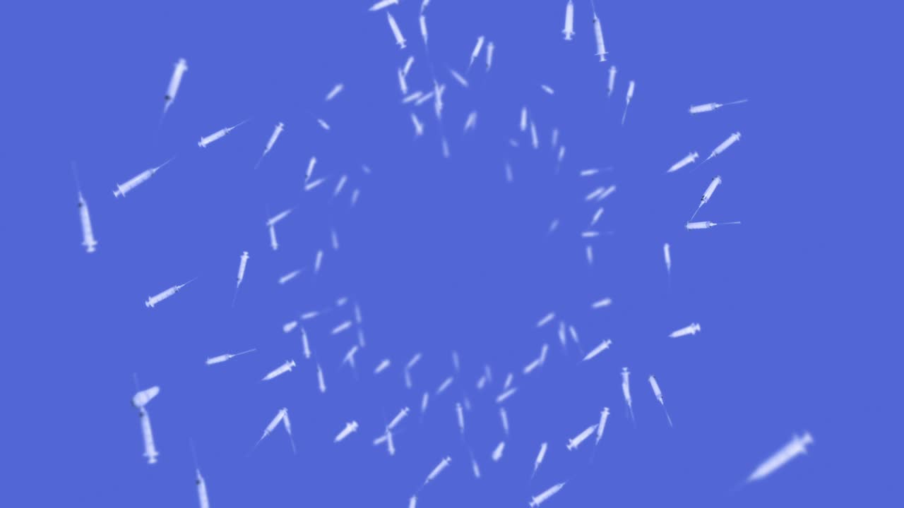 파란색 배경에 주사 할 수 있는 많은 주사기를 날리는 의료 개념 바이러스에 대한 백신 의료 치료 3d 루프 애니메이션