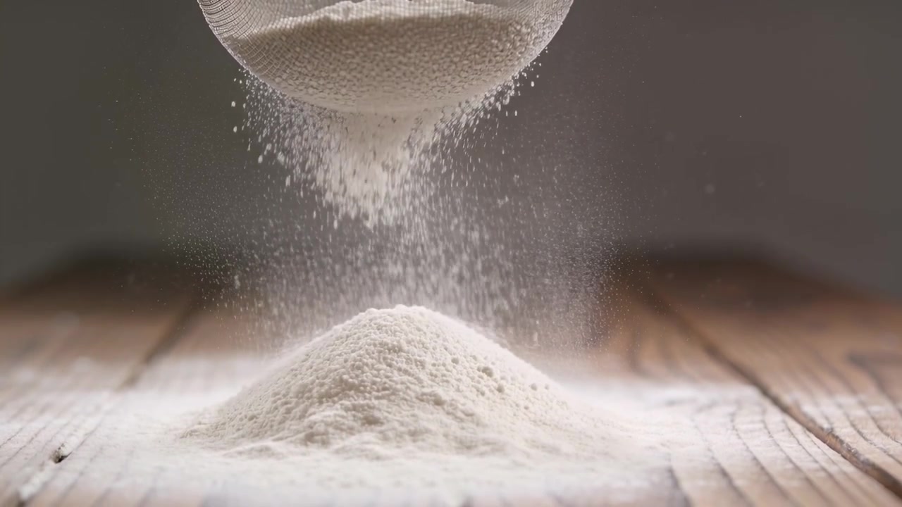 Começando um fluxo constante, uma peneira de malha fina de metal peneirando pó branco sobre uma bancada de madeira para assar.