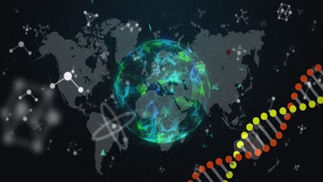 Animation-of-dna-strand-spinning-and-molecules-over-globe-and-world-map
