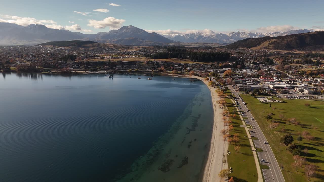 Aerial view of New Zealand, Wanaka Town, the mountains and the coastal road