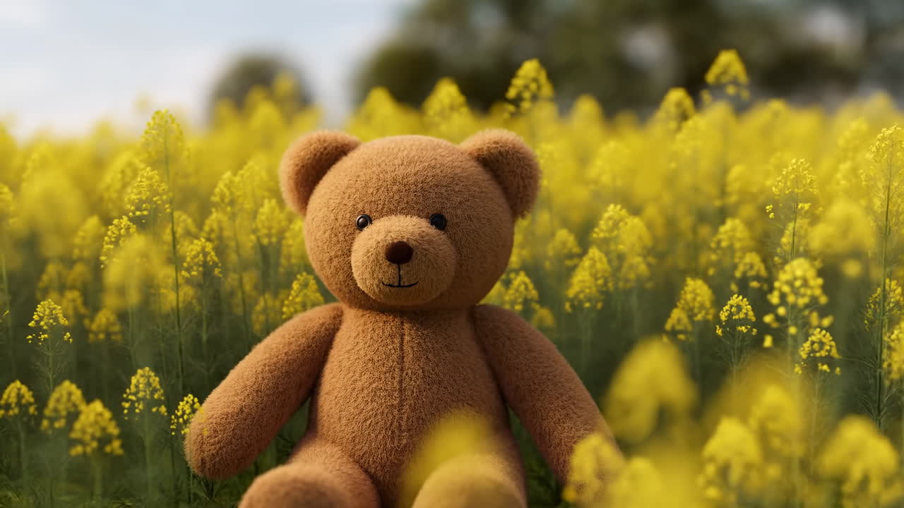 Bamse Sidder På Gul Mark, Blødt Plyslegetøj Gemt Blandt Rapsblomster Under Varmt Sollys, Lav Dybdeskarphed
