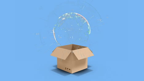 rotating globe and opening box on blue background