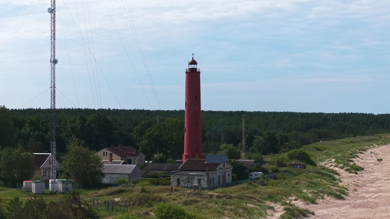 Close telephoto aerial of red lighthouse on green shoreline with sea and clear blue sky