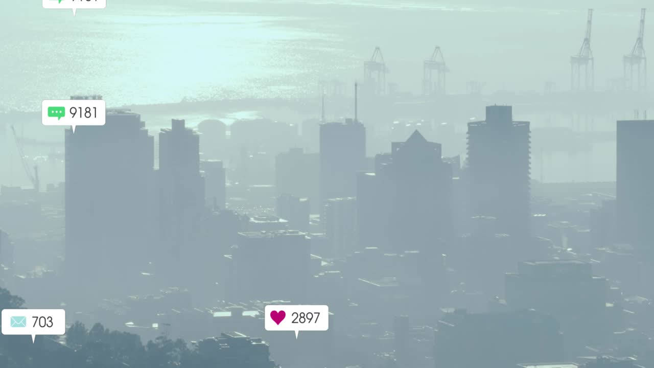 Right side badges appearing, hazy city skyline filling with drifting badges, visualizing engagement