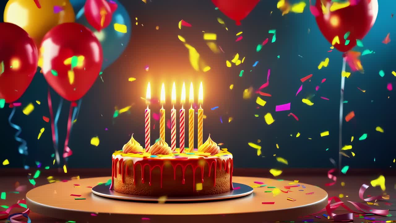 Multicolored confetti raining over frosted birthday cake, seven glowing candles, celebratory balloons against dark blue backdrop marking special moment