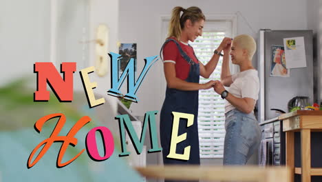 animation of new home text over gay lesbian couple dancing at home