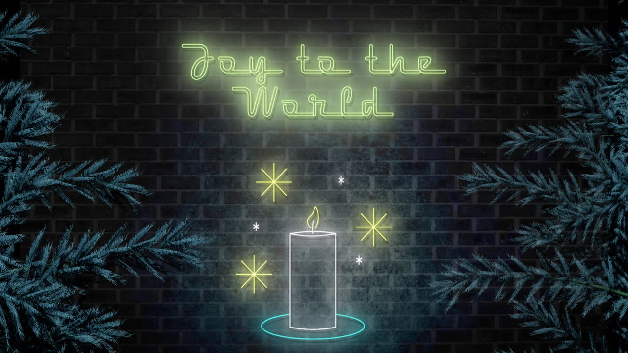 Animation of joy to the world text at christmas over fir trees and candle