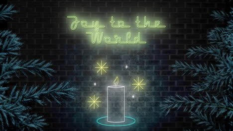 animation of joy to the world text at christmas over fir trees and candle