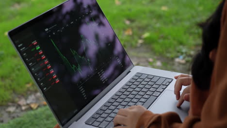 market trend analysis stock trading investor trader or broker big data analyst looking at laptop computer monitor displaying dynamic financial chart, representing the ever-changing landscape of market