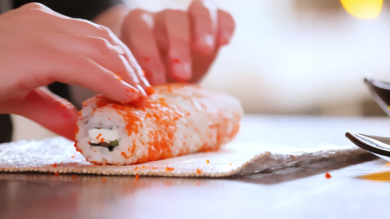hacer sushi en la cocina de casa. manos de mujer enrollando sushi casero.
