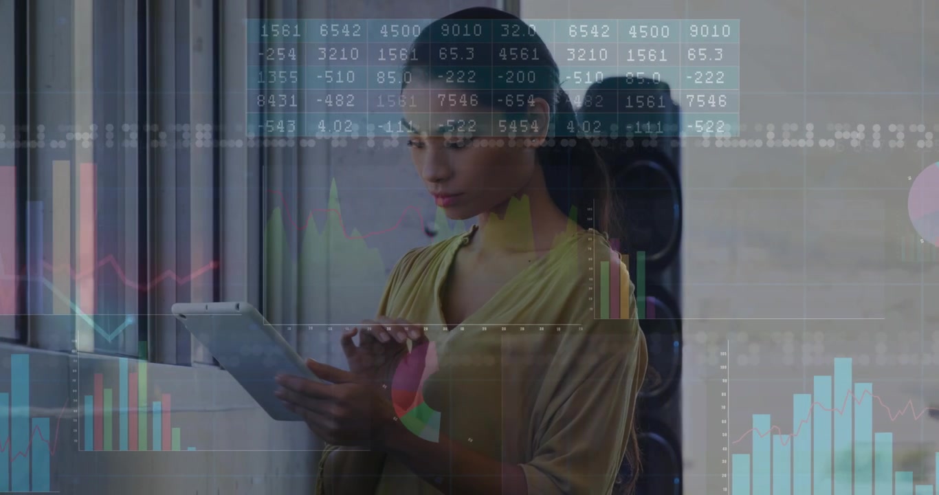 Professional woman tapping tablet screen navigating animated finance charts to analyze performance