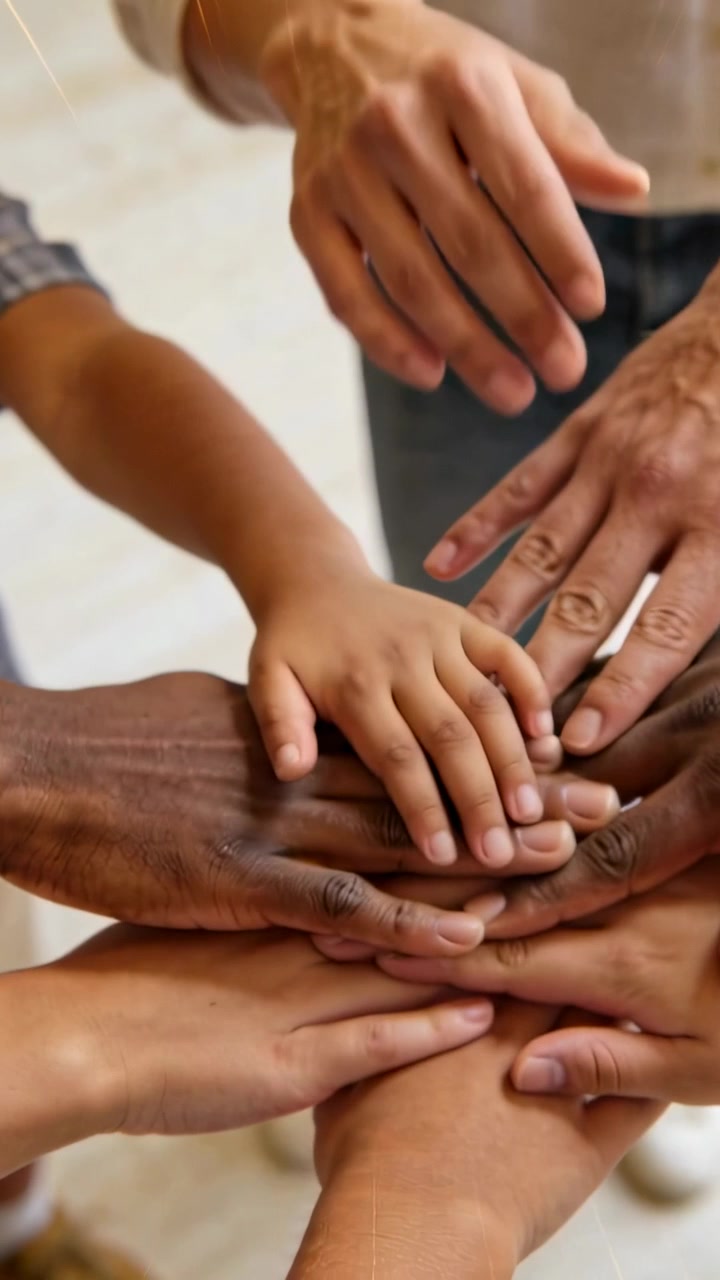 Vertical video: Reaching, group placing hands in room, white cuff steadying kid hand for unity