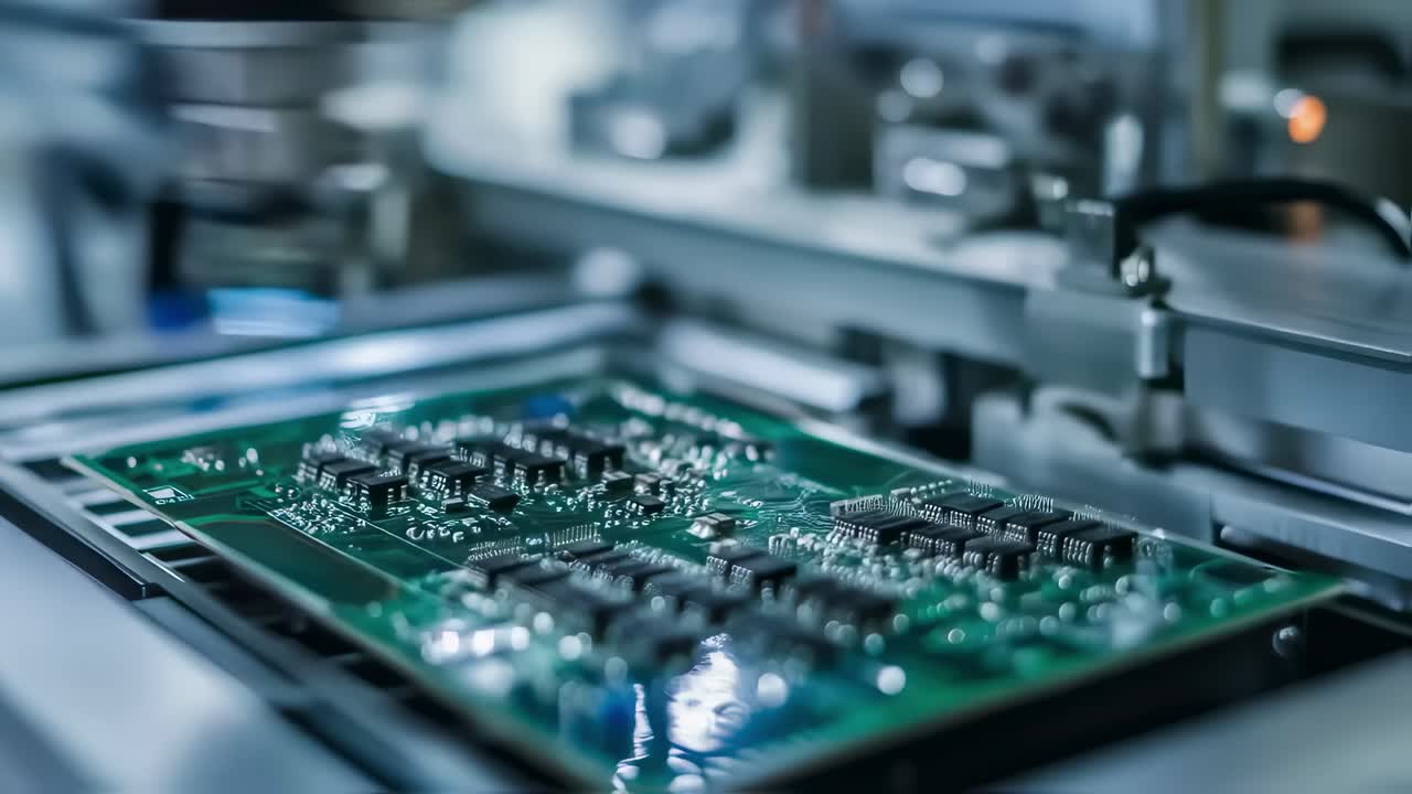 Robotic precision guiding soldering process along printed circuit board, showcasing automated manufacturing technology in modern industrial environment