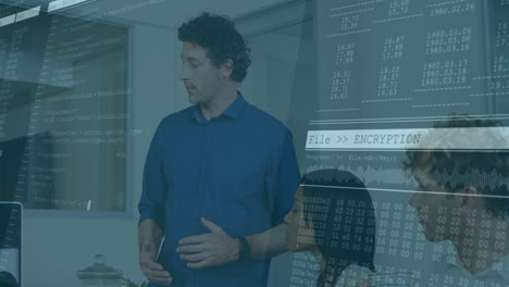 man in blue shirt discussing data encryption over digital interface animation