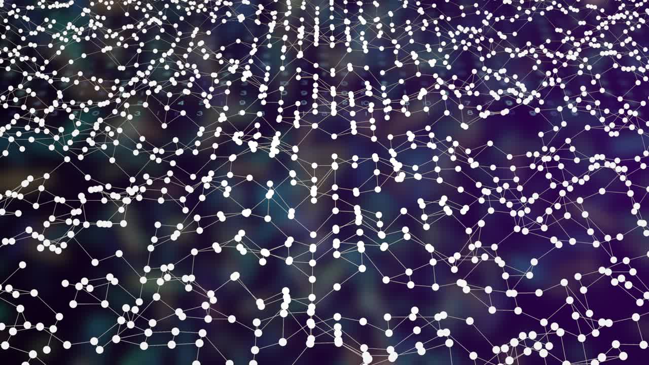 추상적인 미래의 다각형 표면은 파동 운동으로 연결된 점과 어두운 배경에서 아래로 움직이는 매트릭스 커튼을 가지고 있습니다.