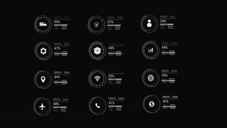 Animation of icons with data processing on black background