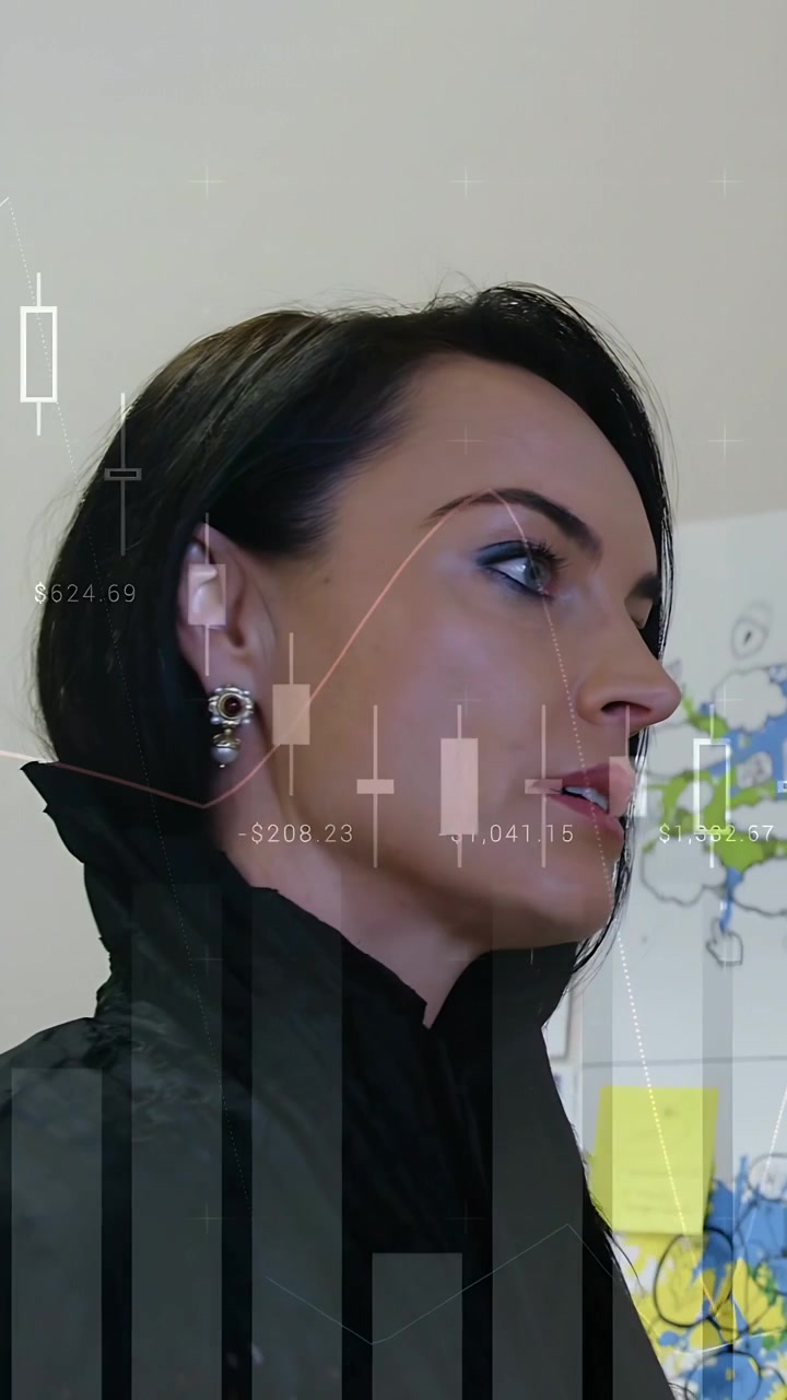 Vertical video: Woman placing sticky note, adjusting, scanning board for finance, charts overlaying
