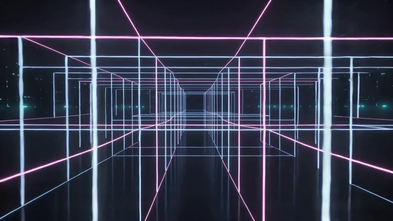 Pink lines rising neon grid tunnel racing to vanishing point in void mirroring floor for depth