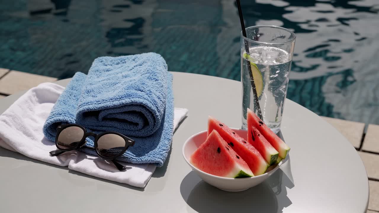 Refreshing summer scene featuring sliced watermelon, a glass of water, and a blue towel on a table beside a shimmering pool, capturing a moment of relaxation