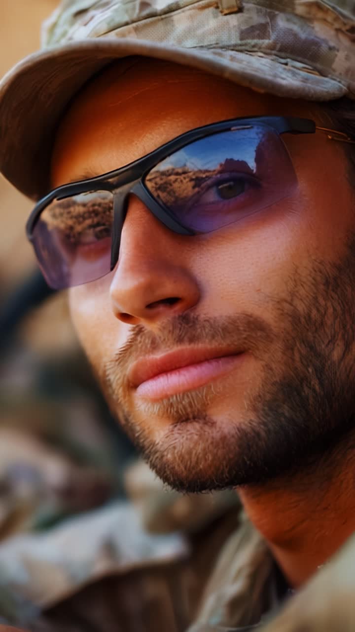 A Close-Up View of a Focused Soldier in Tactical Gear, Displaying Confidence and Determination with Stylish Sunglasses and Military Attire in a High-Stakes Environment