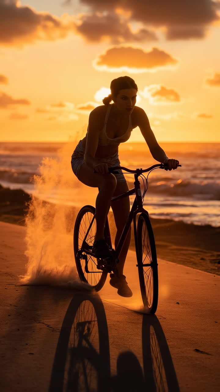 Woman Cycling on Beach at Sunset