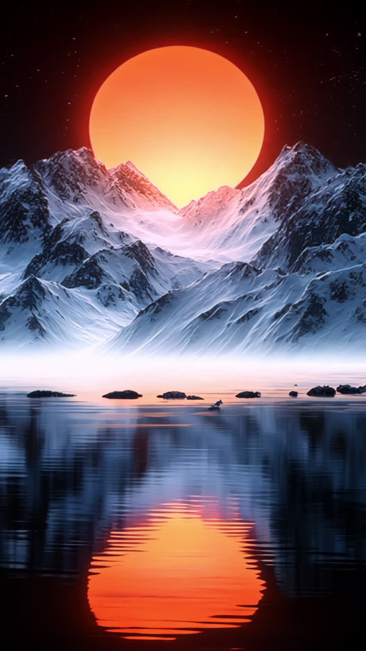 A mountain range with a large red sun in the sky. The sun is reflecting off the water, creating a beautiful and serene scene