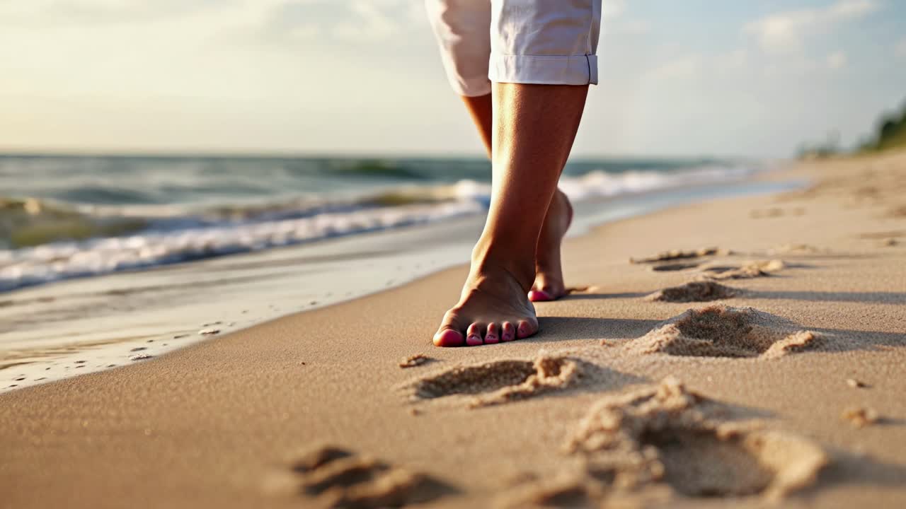 Close-up, low-angle video of feet walking on a sandy beach, capturing footprints and gentle waves
