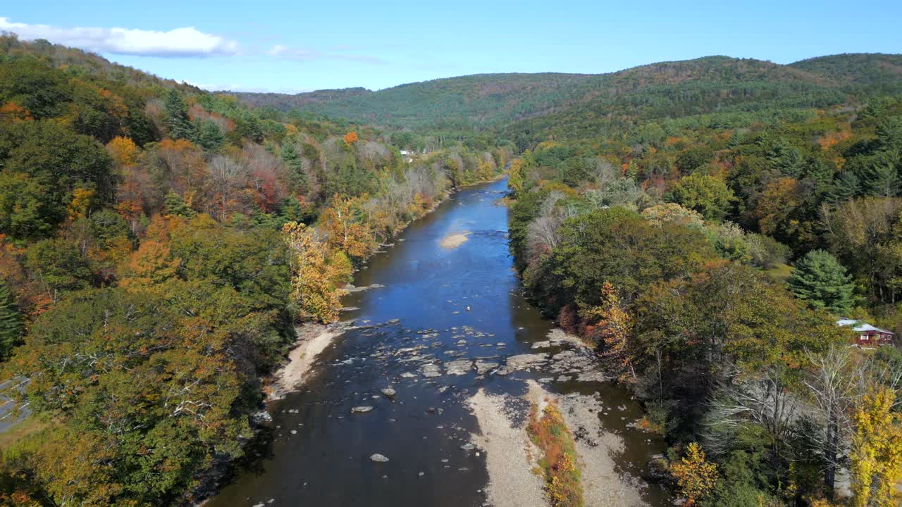 Panoramic pullback downstream of West River, Green Mountains Vermont USA