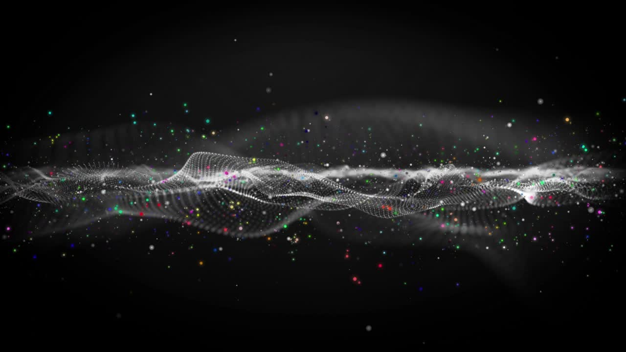 Futuristic animation with gray wave object and colorful glitter particles in slow motion, 4096x2304 loop 4K