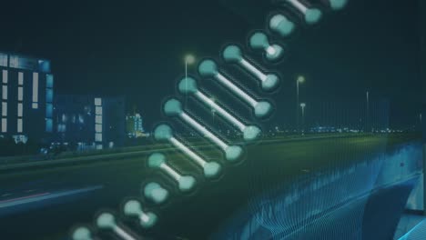 Animation-of-dna-strand-spinning-over-road-traffic-moving-in-fast-motion