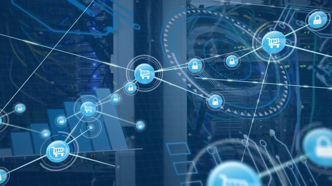 animación del alcance, las estadísticas y la red de conexiones con iconos a través de servidores informáticos.