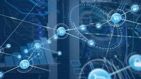 Animation-of-scope,-statistics-and-network-of-connections-with-icons-over-computer-servers