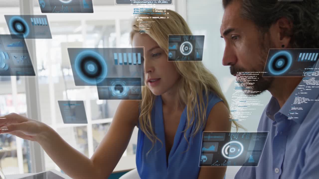 animación de escáneres redondos y procesamiento de datos contra un hombre y una mujer caucásicos discutiendo en la oficina