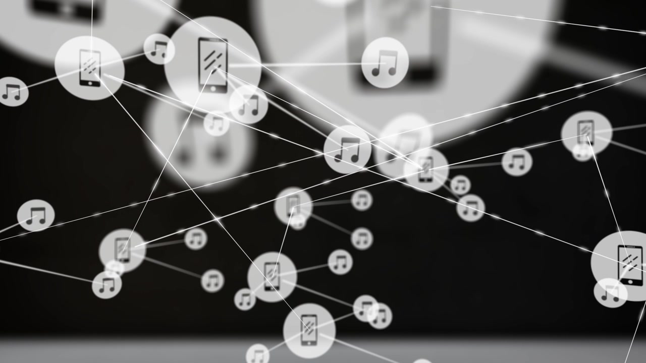 Animation af en smartphone og musiknoter forbundet via linjer over sort baggrund.