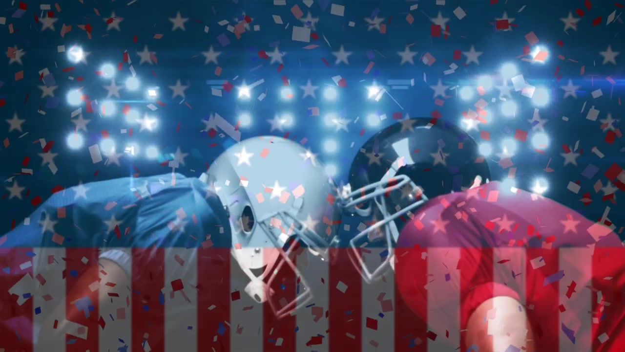 Animation av viftande USA-flagga och fallande konfetti över en amerikansk fotbollsspelare