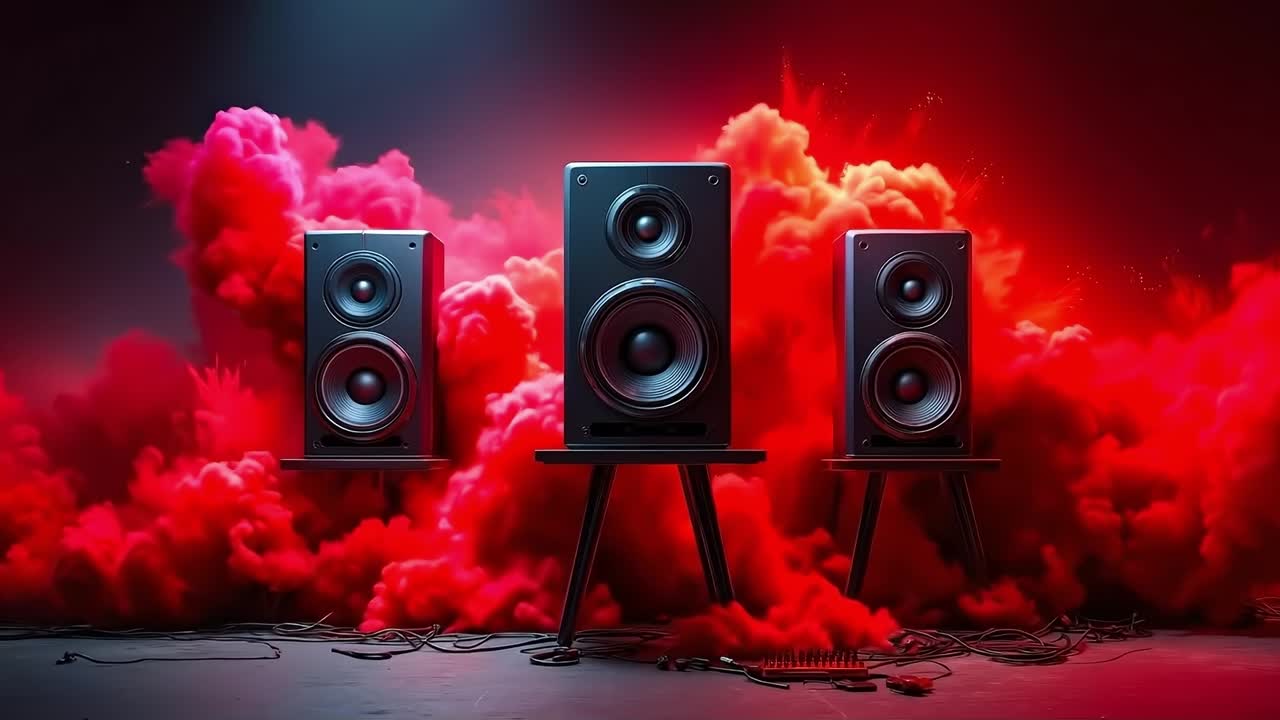 A pair of speakers sitting on top of a wooden stand